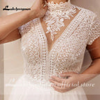 High Collar Short Sleeve Wedding Dresses Tulle Appliques Pearls Covered Button A-Line Bridal Gowns NumberSea