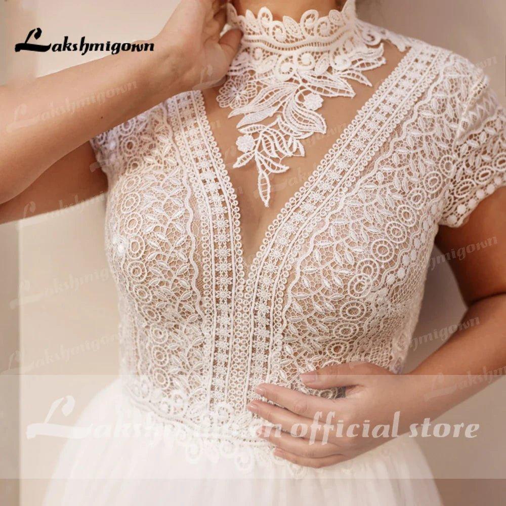 High Collar Short Sleeve Wedding Dresses Tulle Appliques Pearls Covered Button A-Line Bridal Gowns NumberSea