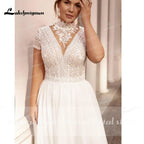High Collar Short Sleeve Wedding Dresses Tulle Appliques Pearls Covered Button A-Line Bridal Gowns NumberSea