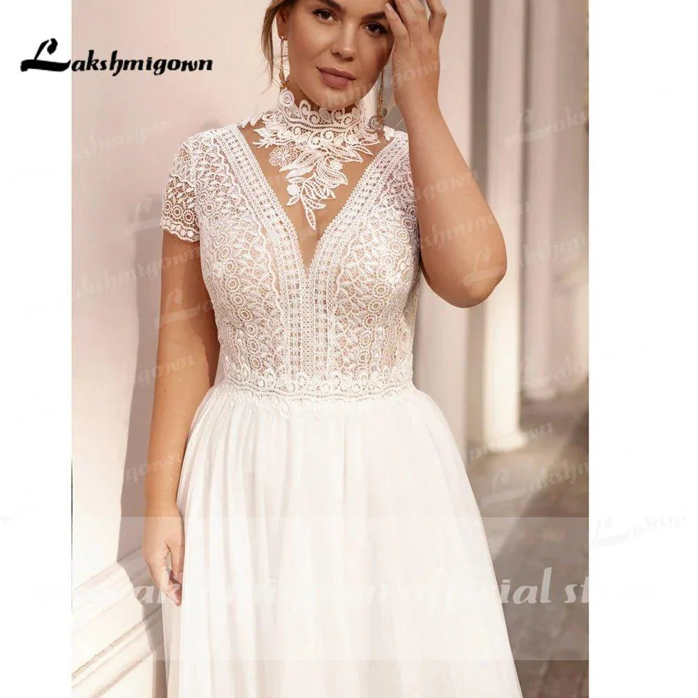 High Collar Short Sleeve Wedding Dresses Tulle Appliques Pearls Covered Button A-Line Bridal Gowns NumberSea