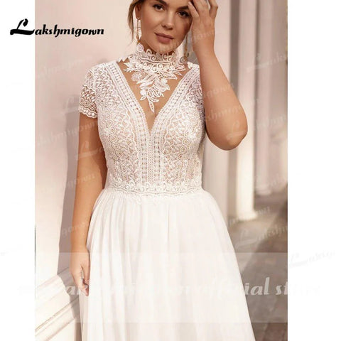 Vestidos de noiva com gola alta, manga curta, aplicações em tule, pérolas cobertas, botões, corte A, vestidos de noiva NumberSea 