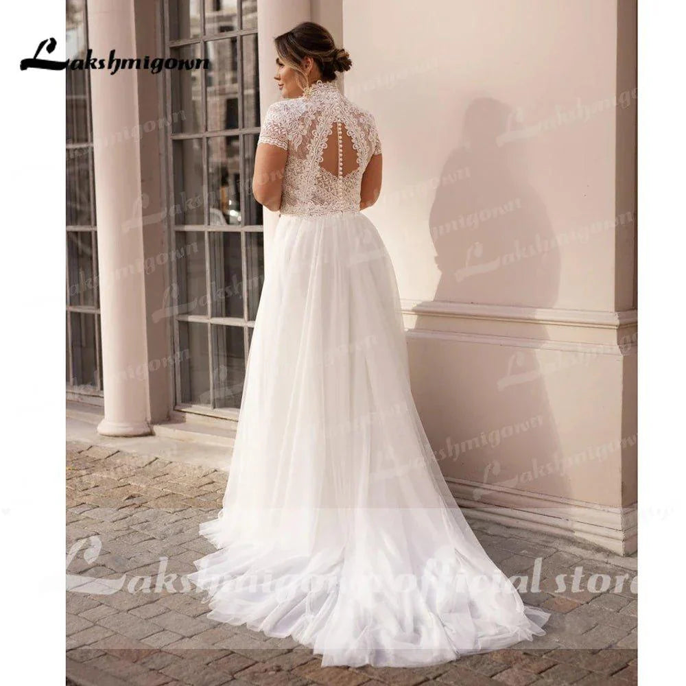High Collar Short Sleeve Wedding Dresses Tulle Appliques Pearls Covered Button A-Line Bridal Gowns NumberSea