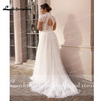 High Collar Short Sleeve Wedding Dresses Tulle Appliques Pearls Covered Button A-Line Bridal Gowns NumberSea
