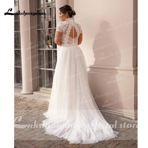 Vestidos de noiva com gola alta, manga curta, aplicações em tule, pérolas cobertas, botões, corte A, vestidos de noiva NumberSea 