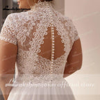 High Collar Short Sleeve Wedding Dresses Tulle Appliques Pearls Covered Button A-Line Bridal Gowns NumberSea