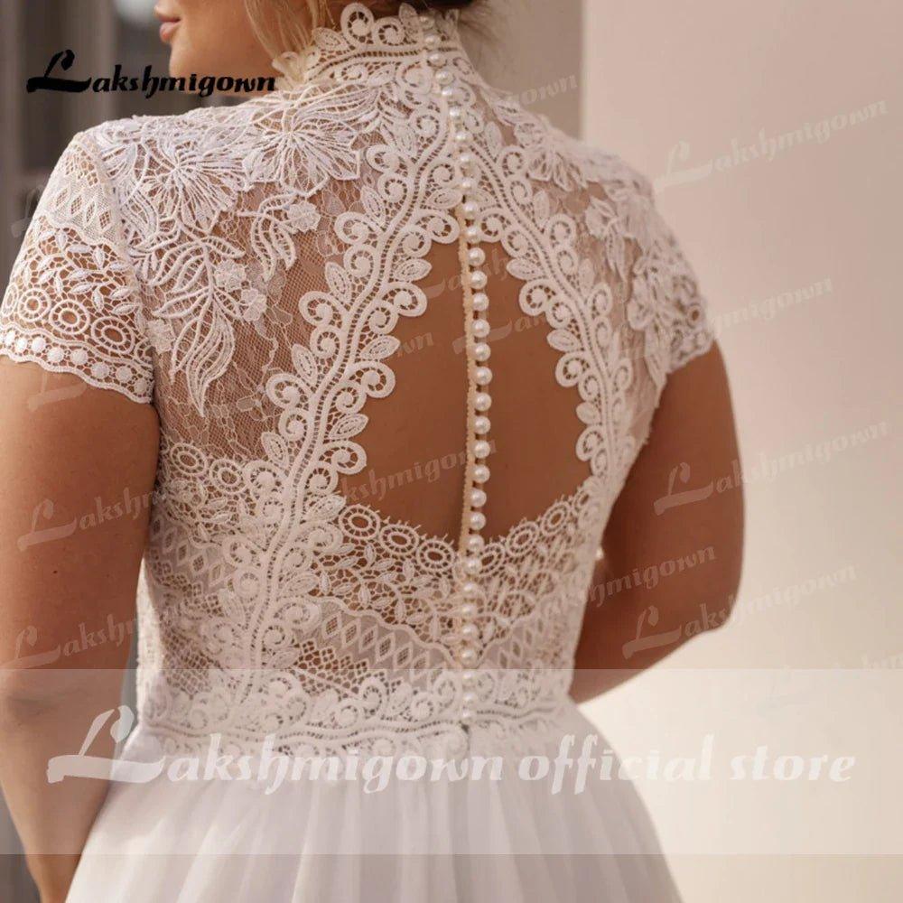 High Collar Short Sleeve Wedding Dresses Tulle Appliques Pearls Covered Button A-Line Bridal Gowns NumberSea