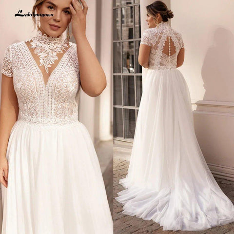 Vestidos de noiva com gola alta, manga curta, aplicações em tule, pérolas cobertas, botões, corte A, vestidos de noiva NumberSea 