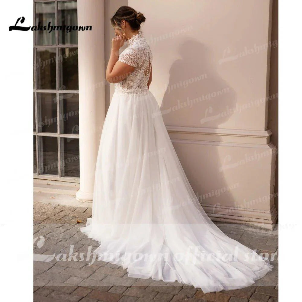 High Collar Short Sleeve Wedding Dresses Tulle Appliques Pearls Covered Button A-Line Bridal Gowns NumberSea