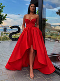 Abito da ballo formale rosso a linea A high low con scollatura a cuore e tasche