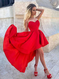 Robe de bal et de rentrée scolaire en satin rouge à décolleté cœur et ligne A asymétrique pour soirée formelle