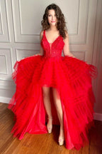 High Low A-line V Neck Tulle Lace Prom Dress Red Formal Evening Gowns