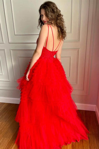 High Low A-Linie V-Ausschnitt Tüll Spitze Ballkleid Rot Formale Abendkleider