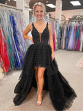 Vestido de fiesta alto-bajo en línea A con escote en V, tul, negro, formal para noche