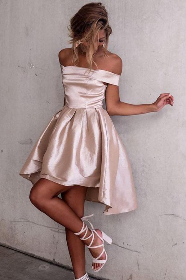 Vestido de Satén Plisado de Hombro Caído Alto Bajo para el Baile de Regreso PG182