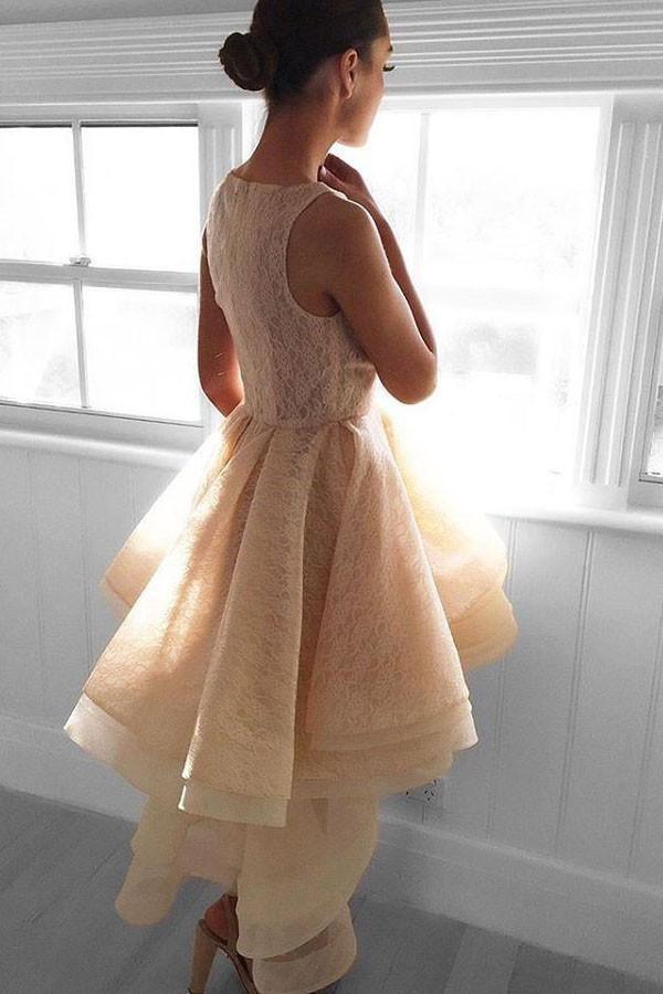 Hoch-Tief Pfirsich Spitze Kurzes Homecoming-Kleid Partykleider PG142