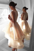 Hoch-Tief Pfirsich Spitze Kurzes Homecoming-Kleid Partykleider PG142