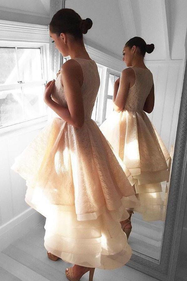 Hoch-Tief Pfirsich Spitze Kurzes Homecoming-Kleid Partykleider PG142
