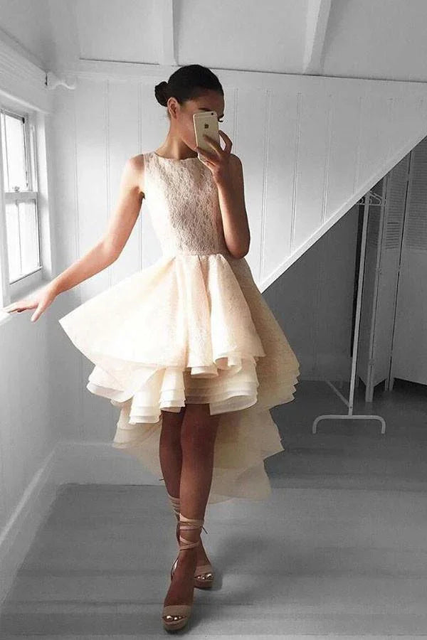 Hoch-Tief Pfirsich Spitze Kurzes Homecoming-Kleid Partykleider PG142