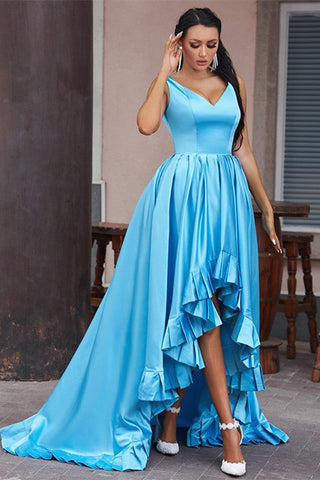 High Low V-Neck Sleeveless A-Line Satin Evening Gown
