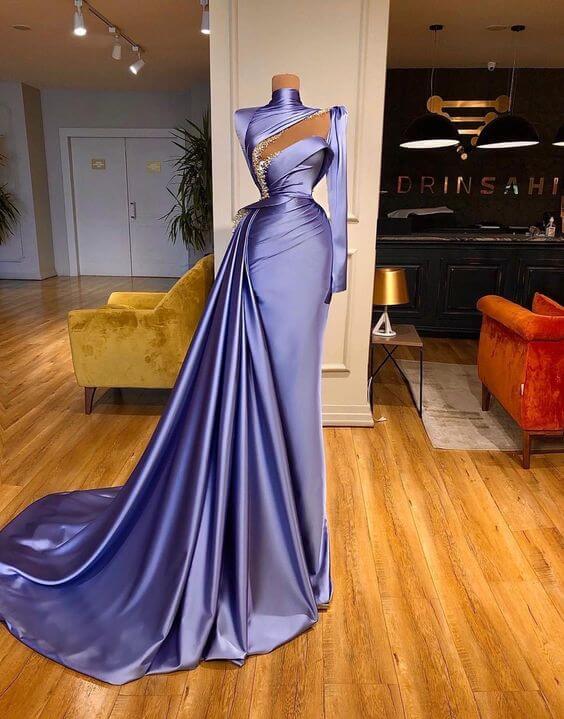 High Neck Long Sleeves Ruffles Mermaid Satin Prom Dress with Beadings