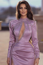 High Neck Long Sleeves Mermaid Satin Formal Prom Dress with Split