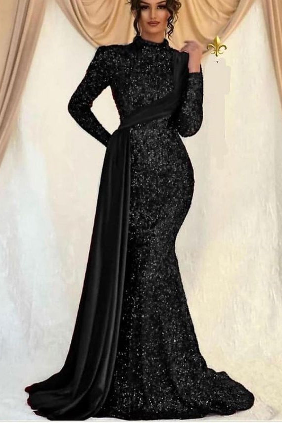 High Neck Long Sleeves Sequined Mermaid Prom Dress with Ruffles