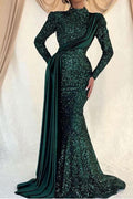 Abito da Ballo Sirena con Scollo Alto, Maniche Lunghe, Paillettes e Balze