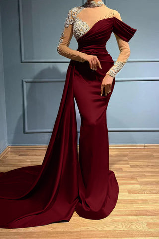 Burgundy High Neck Mermaid Long Sleeves Appliques Evening Dress Long with Ruffles