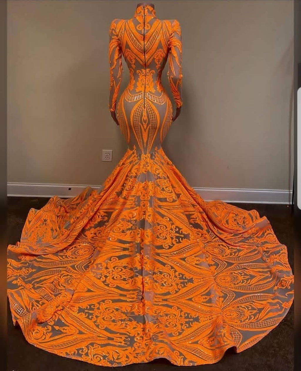 High Neck Mermaid Orange Prom Dress with Long Sleeves Sequins Lace