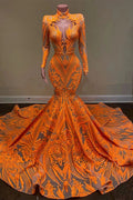 Robe de bal trape orange à col montant avec manches longues en dentelle et paillettes