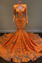 High Neck Mermaid Orange Prom Dress with Long Sleeves Sequins Lace