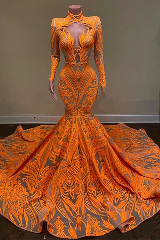High Neck Mermaid Orange Prom Dress with Long Sleeves Sequins Lace