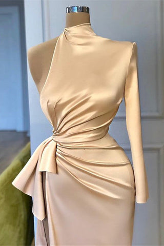 High Neck One Shoulder Long Sleeves Mermaid Prom Dress with Split
