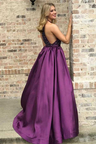 Hochgeschlossenes, langes, lila Ballkleid mit Perlen, elegantes Junior-Ballkleid PG839