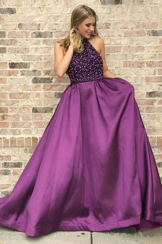 Hochgeschlossenes, langes, lila Ballkleid mit Perlen, elegantes Junior-Ballkleid PG839