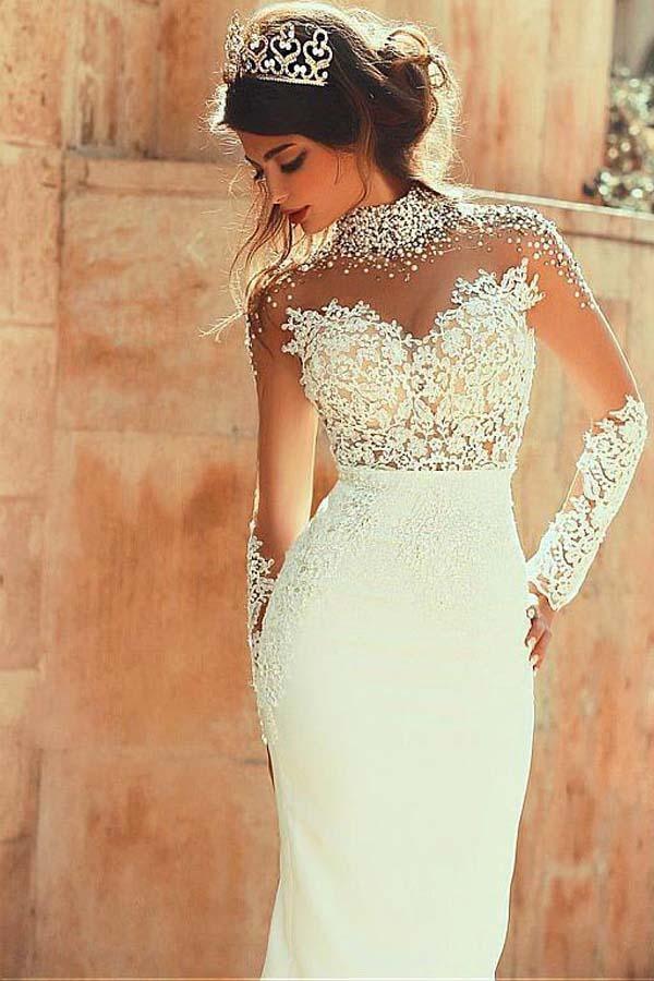 Hochgeschlossene Schlauchkleid-Hochzeitskleider mit Perlenstickerei-Applikationen