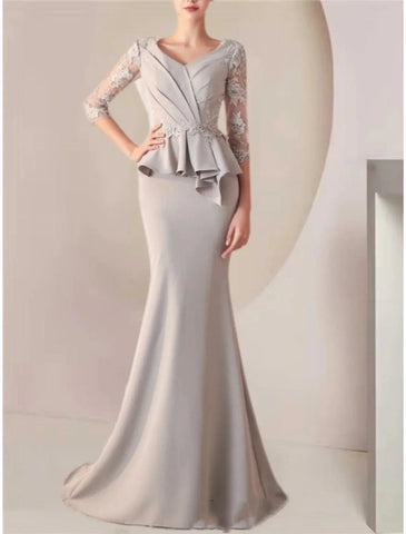 Meerjungfrau/Trompete Kleid für die Brautmutter, Hochzeitsgast, elegant, V-Ausschnitt, Schleppe/Pinselzug, Stretchstoff, halbe Ärmel mit Spitzenrüschen