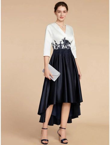 Numbersea A-Line Mother of the Bride Dress Wedding Guest Elegant Petite V Neck Asymmetrical Satin Lace Half Sleeve with Ruching