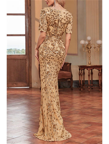 Meerjungfrau/Trompete Kleid für die Brautmutter, Hochzeitsgast, Sparkle &amp; Shine, elegant, V-Ausschnitt, bodenlang, Pailletten, kurze Ärmel mit Paillettenblume