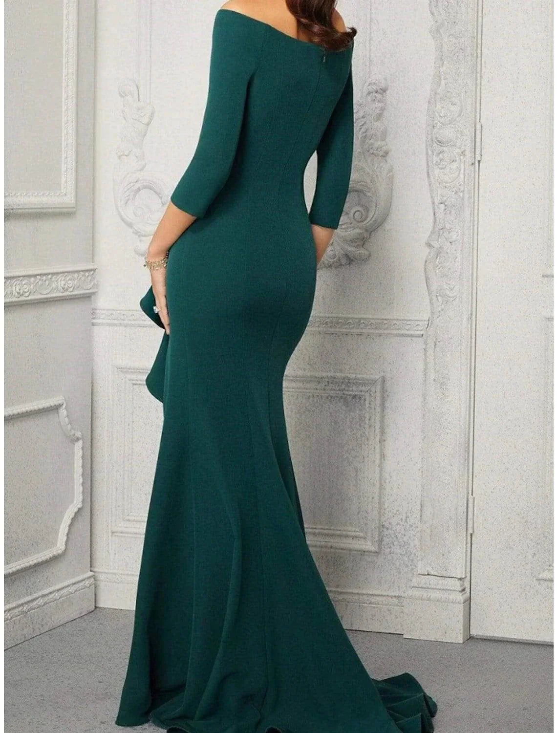 Vestido tubinho/coluna para mãe da noiva, convidada de casamento, elegante, ombro descoberto, comprimento até ao chão, chiffon elástico, manga 3/4 com folhos, racha frontal franzida