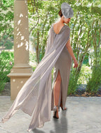 Etuikleid/Säulenkleid für die Brautmutter, formelle Party, elegant, U-Ausschnitt, knöchellang, Chiffon, lange Ärmel mit Applikationen, geschlitzte Vorderseite, Rüschen