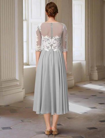 Elegantes Kleid für formelle Hochzeitsgäste mit rundem Ausschnitt, asymmetrischer Knöchellänge, Chiffon-Spitze, 3/4-Ärmel mit Applikationen, Mutter der Braut