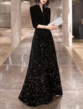 Etuikleid/Säulenkleid für die Mutter der Braut, Hochzeitsgast, Party, Sparkle &amp; Shine, zierlich, V-Ausschnitt, bodenlang, Pailletten, Samt, halbe Ärmel mit Knöpfen