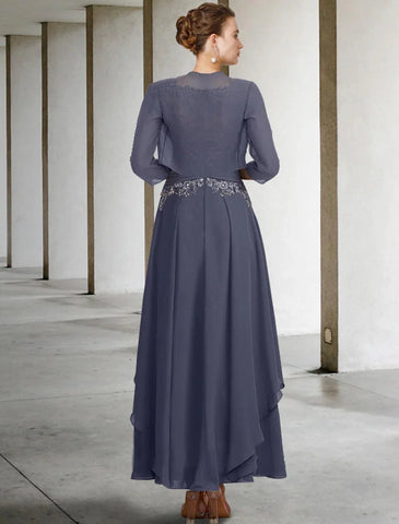 Zweiteiliges A-Linien-Kleid in Übergröße für die Brautmutter, Hochzeitsgast, eleganter Rundhalsausschnitt, knöchellang, Chiffon-Spitze, kurze Ärmel, Herbstwickel inklusive gerüschter Applikationen