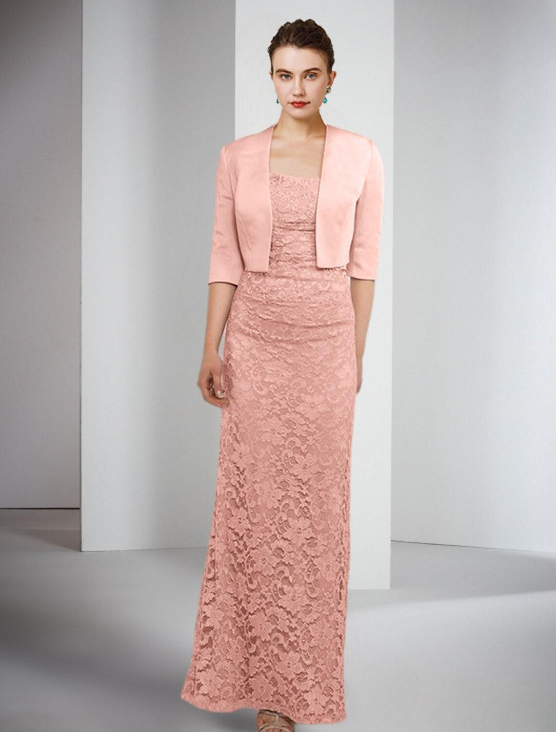 Vestido de mãe da noiva de duas peças, bainha/coluna, formal, para convidada de casamento, elegante, decote quadrado, comprimento até ao chão, cetim, renda, meia manga, vestidos com cor sólida