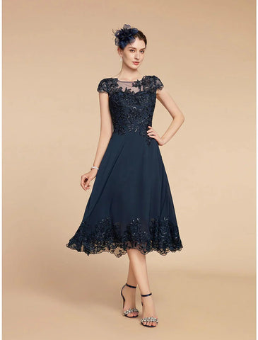 Elegantes Vintage-Kleid für formelle Hochzeitsgäste mit U-Ausschnitt, knielang, Spitze, 3/4-Ärmel und Paillettenapplikationen, Mutter der Braut