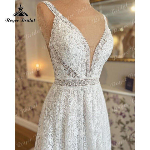 Hochzeitskleid Fließendes Boho-Hochzeitskleid mit Spaghettiträgern und Knöpfen, Spitze, V-Ausschnitt, Mariage-Brautkleid, Robe de soirée de mariage