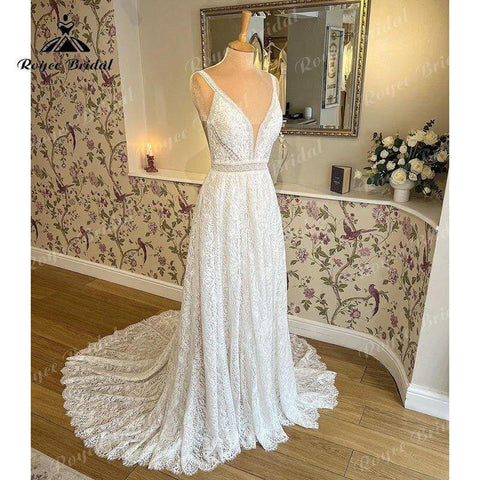 Hochzeitskleid Fließendes Boho-Hochzeitskleid mit Spaghettiträgern und Knöpfen, Spitze, V-Ausschnitt, Mariage-Brautkleid, Robe de soirée de mariage