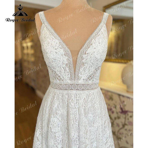 Abito da Sposa Flowy Boho con Spaghetti Straps, Scollo a V in Pizzo e Bottoni, Vestito da Sposa Mariage, Robe de Soirée de Mariage