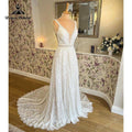 Hochzeitskleid Fließendes Boho-Hochzeitskleid mit Spaghettiträgern und Knöpfen, Spitze, V-Ausschnitt, Mariage-Brautkleid, Robe de soirée de mariage
